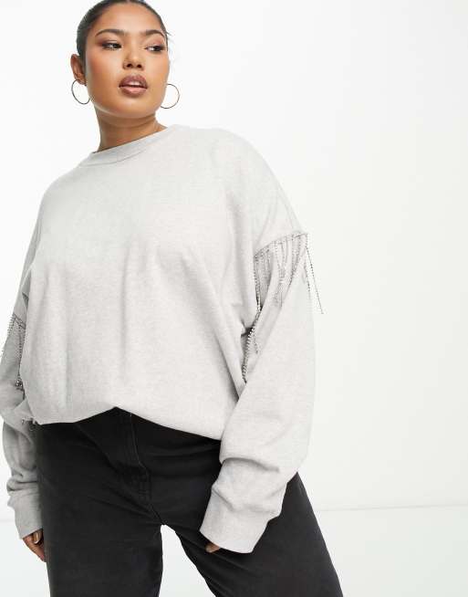 ASOS DESIGN Curve – Oversize-Sweatshirt in Kalkgrau mit Strassfransen