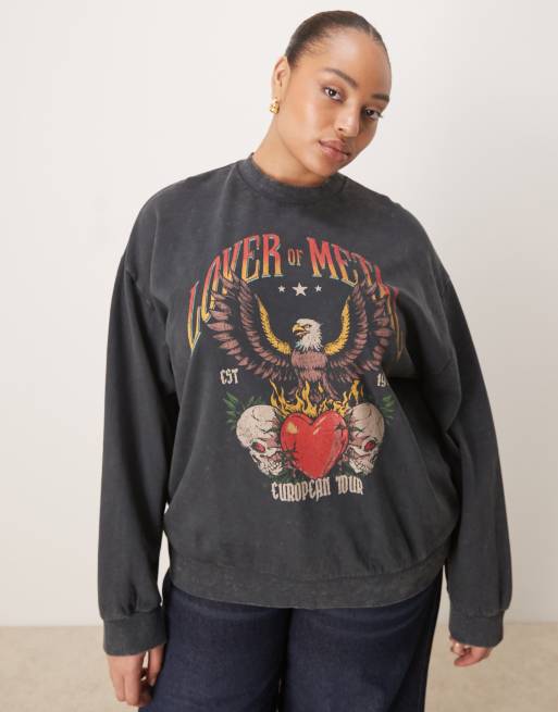 ASOS DESIGN Curve – Oversize-Sweatshirt in verwaschenem Anthrazit mit Vintage-Rock-Adlerprint