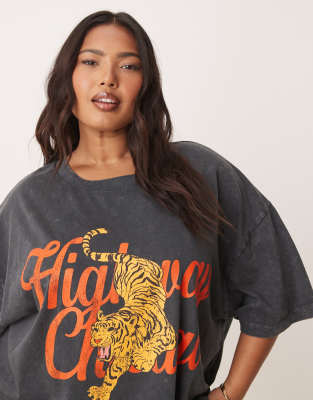 ASOS DESIGN Curve - Oversize-T-Shirt in Anthrazit mit Chicago-Tiger-Grafik-Grau