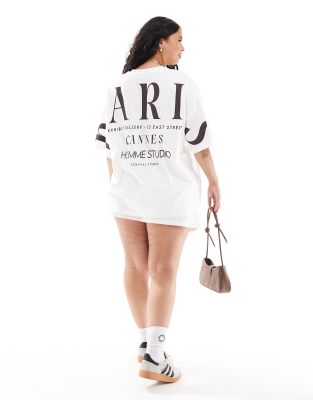 ASOS DESIGN Curve - Oversize-T-Shirt in Creme mit „Paris"-Print hinten-Weiß