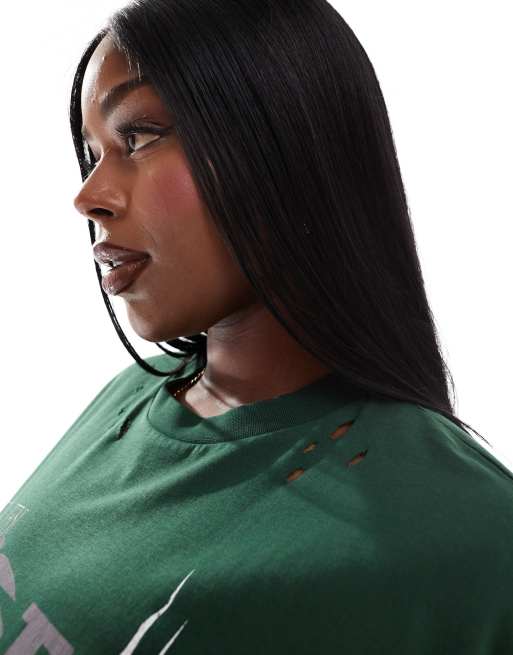 ASOS DESIGN Curve – Oversize-T-Shirt in Dunkelgrün mit Rock-Grafik 