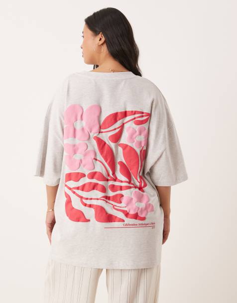 ASOS DESIGN Curve – Oversize-T-Shirt in Eisgrau meliert mit Blumen-Schaumdruck in Rosa - view 1