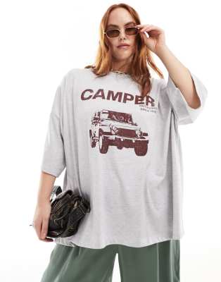 ASOS DESIGN Curve - Oversize-T-Shirt in Eisgrau meliert mit Camper-Grafik