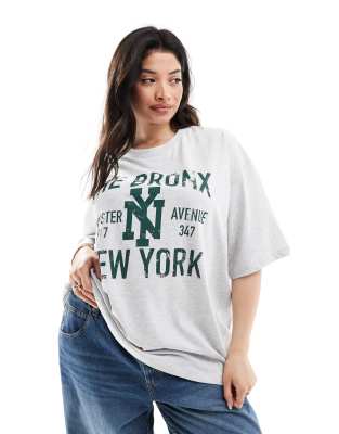 ASOS DESIGN Curve - Oversize-T-Shirt in Eisgrau meliert mit „The Bronx"-Grafikprint