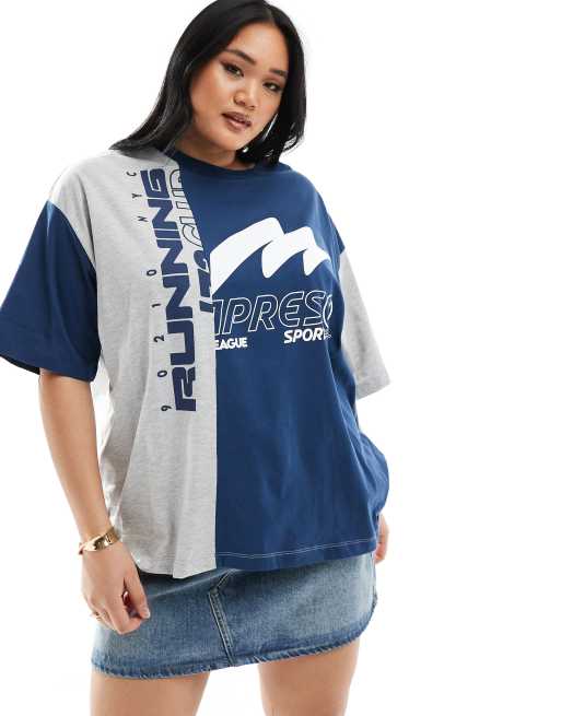 ASOS DESIGN Curve – Oversize-T-Shirt in Grau meliert mit Laufsportgrafik