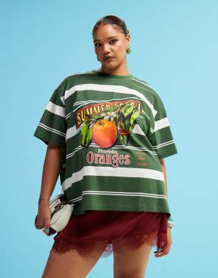 ASOS DESIGN Curve - Oversize-T-Shirt in Grün gestreift mit Orangenfrüchte-Grafik-Bunt