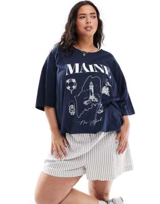 ASOS DESIGN Curve - Oversize-T-Shirt in Marineblau mit „Maine"-Grafikprint