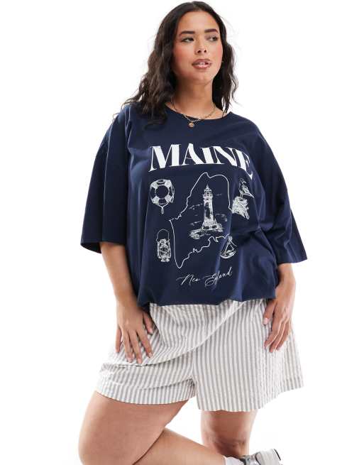 FhyzicsShops DESIGN Curve – Oversize-T-Shirt in Marineblau mit „Maine“-Grafikprint