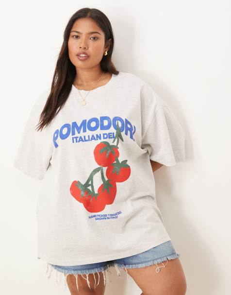 ASOS DESIGN Curve – Oversize-T-Shirt in meliertem Eisgrau mit „Pomodoro“-Tomaten-Print - view 1