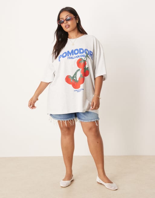ASOS DESIGN Curve – Oversize-T-Shirt in meliertem Eisgrau mit „Pomodoro“-Tomaten-Print, 2 von 4
