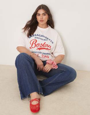 ASOS DESIGN Curve - Oversize-T-Shirt in Rosa mit „Boston"-Print