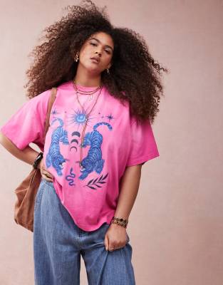 ASOS DESIGN Curve - Oversize-T-Shirt in Rosa mit gesticktem Himmelskörper-Motiv