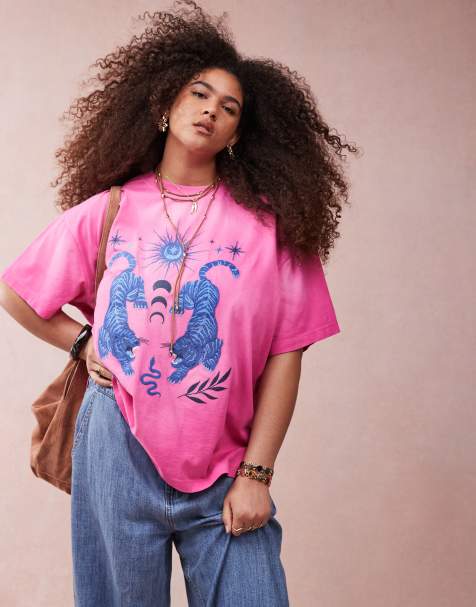 ASOS DESIGN Curve – Oversize-T-Shirt in Rosa mit gesticktem Himmelskörper-Motiv - view 1