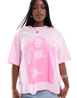 ASOS DESIGN Curve - Oversize-T-Shirt in Rosa mit lizenziertem Mona Lisa-Print