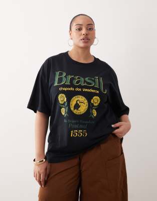 ASOS DESIGN Curve - Oversize-T-Shirt in Schwarz mit „Brazil"-Grafikprint