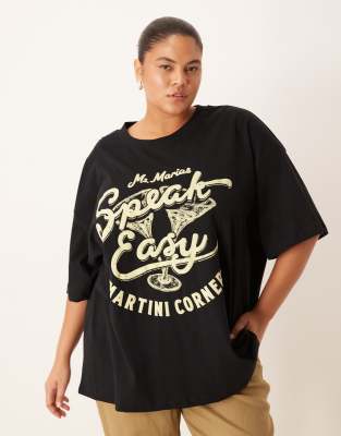ASOS DESIGN Curve - Oversize-T-Shirt in Schwarz mit „Speak Easy"- und Martini-Print