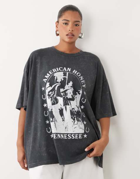 ASOS DESIGN Curve – Oversize-T-Shirt in verwaschenem Anthrazit mit „American Honey“-Westerngrafik - view 1