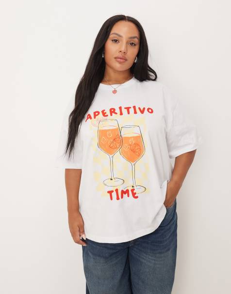 ASOS DESIGN Curve – Oversize-T-Shirt in Weiß mit „Aperitivo“-Getränkprint - view 1