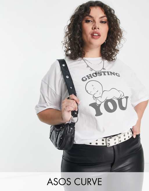 ASOS DESIGN Curve – Oversize-T-Shirt in Weiß mit lizenziertem Casper- und „Ghosting You“-Grafikprint