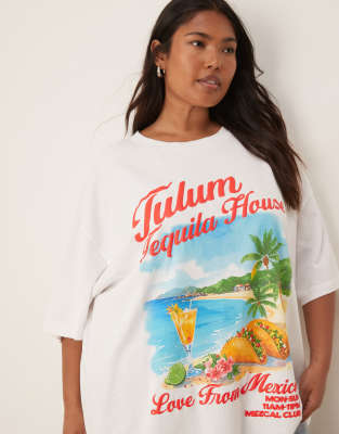 ASOS DESIGN Curve - Oversize-T-Shirt in Weiß mit „Tequila"- und Taco-Print