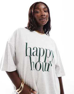 ASOS DESIGN Curve - Oversize-T-Shirt mit „Happy Hour"-Grafikprint-Grau