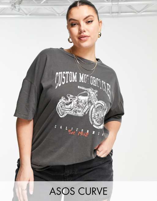 ASOS DESIGN Curve – Oversize-T-Shirt mit Motorrad-Grafik in Anthrazit