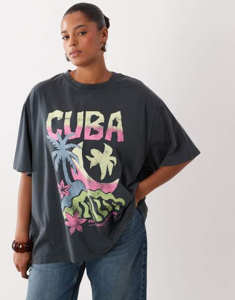 ASOS DESIGN Curve Oversize-T-Shirt mit skizzenhaftem Kuba-Print in Anthrazit - view 1