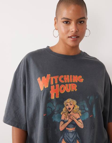 ASOS DESIGN Curve Oversize T-shirt z grafiką witching hour w spranym graficie - view 1