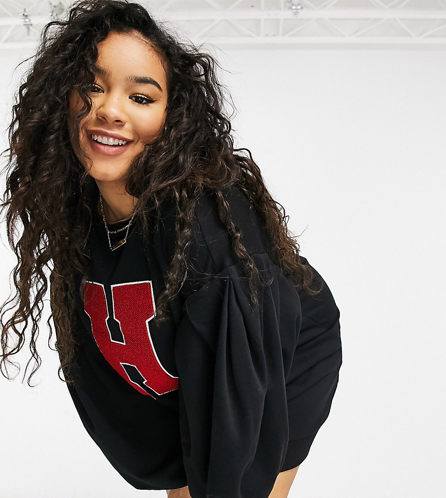 ASOS DESIGN Curve oversized balloon sleeve sweatshirt mini dress with letter graphic in black and red