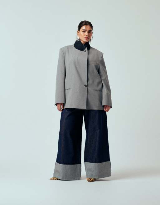 ASOS DESIGN Curve - Oversized blazer met contrasterende kraag in gemêleerd grijs, 3 van 4