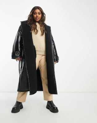 Asos Curve Asos Design Curve Oversized Bonded Borg And Vinyl Trench Coat In Black