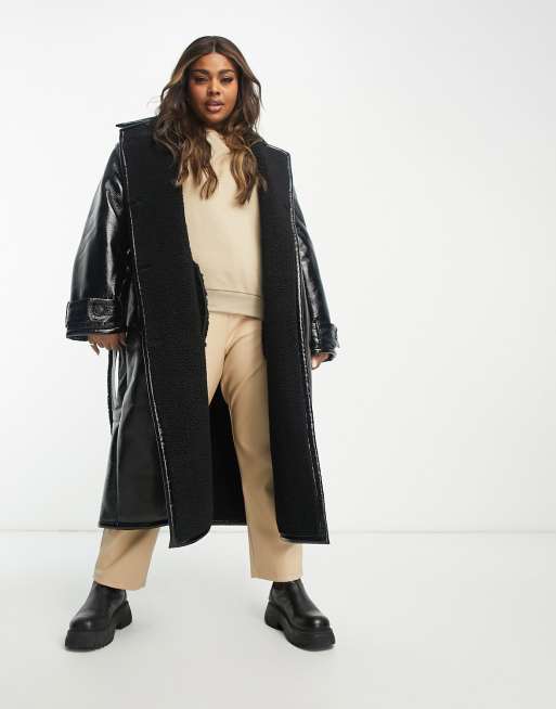 ASOS DESIGN Curve oversized bonded borg and vinyl trench coat in