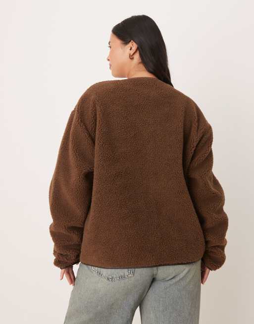 ASOS DESIGN Curve oversized borg fleece cardigan with pu trim in chocolate, 2 of 4