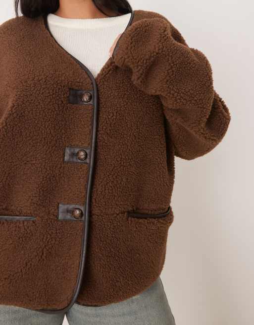 ASOS DESIGN Curve oversized borg fleece cardigan with pu trim in chocolate, 3 of 4