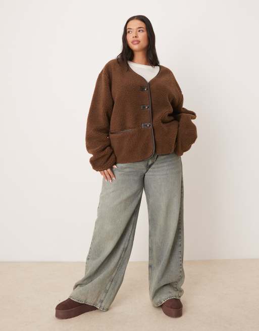 ASOS DESIGN Curve oversized borg fleece cardigan with pu trim in chocolate, 4 of 4