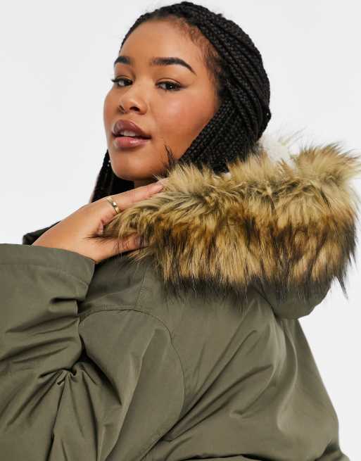 ASOS DESIGN Curve oversized borg lined parka coat in dark khaki