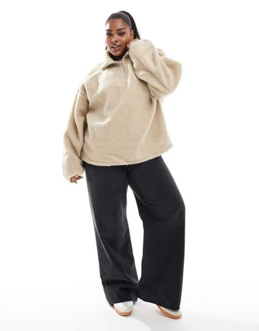 ASOS DESIGN Curve - Oversized borgfleece met halve rits in neutraal