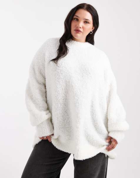 ASOS DESIGN Curve oversized boucle jumper with curved hem in cream - view 1