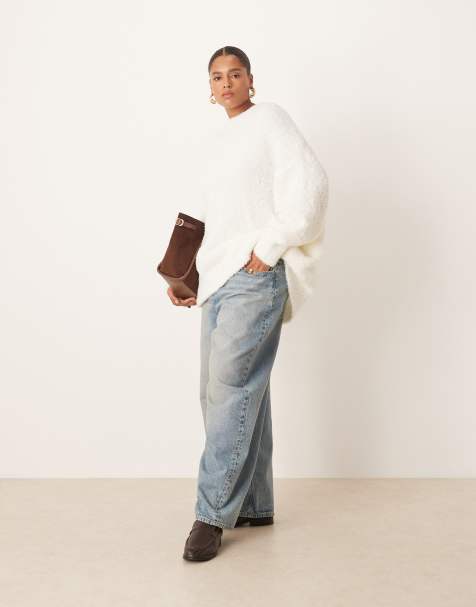 ASOS DESIGN Curve oversized boucle jumper with curved hem in cream - view 1