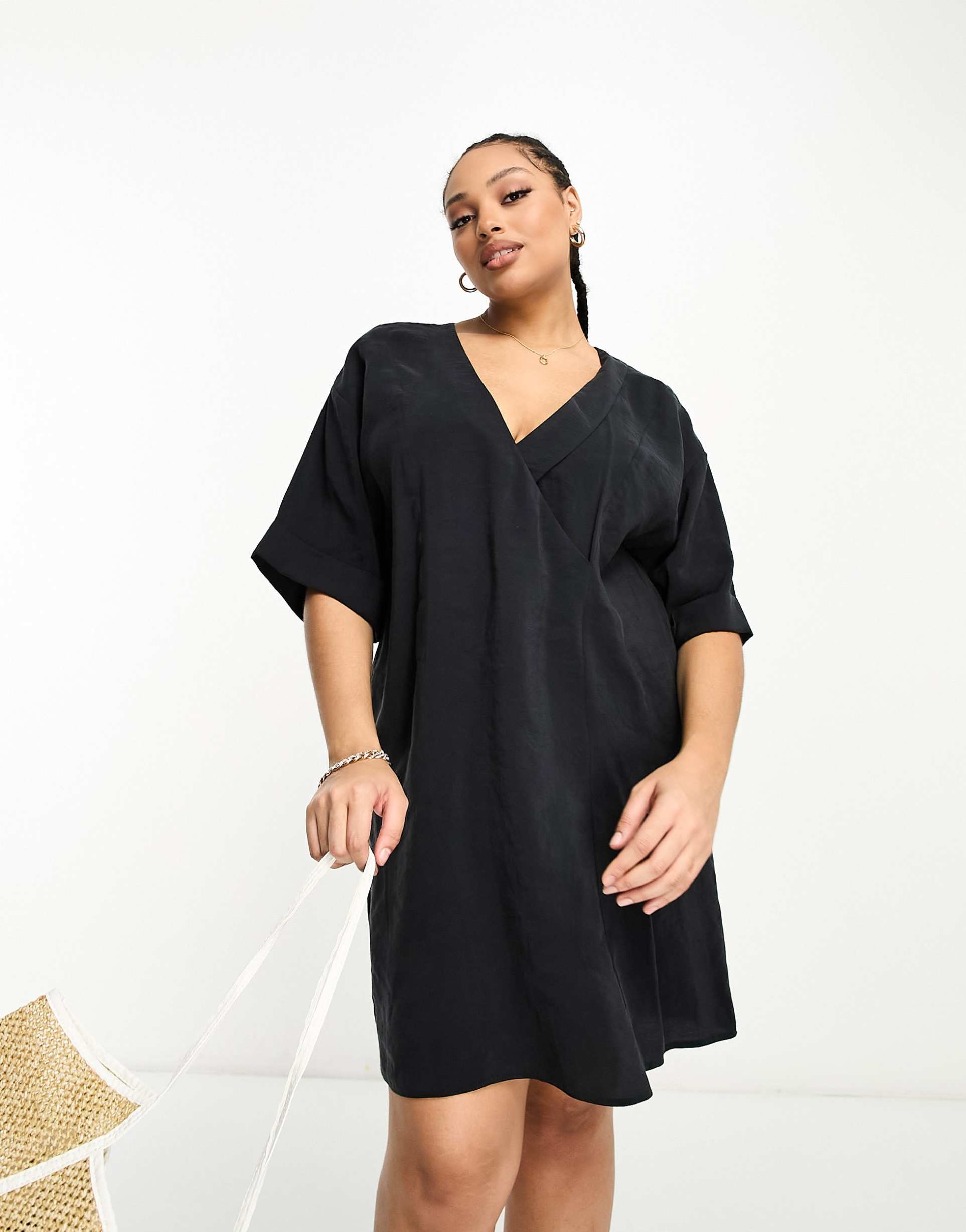 asos design curve oversized boxy mini dress with wrap collar detail in black