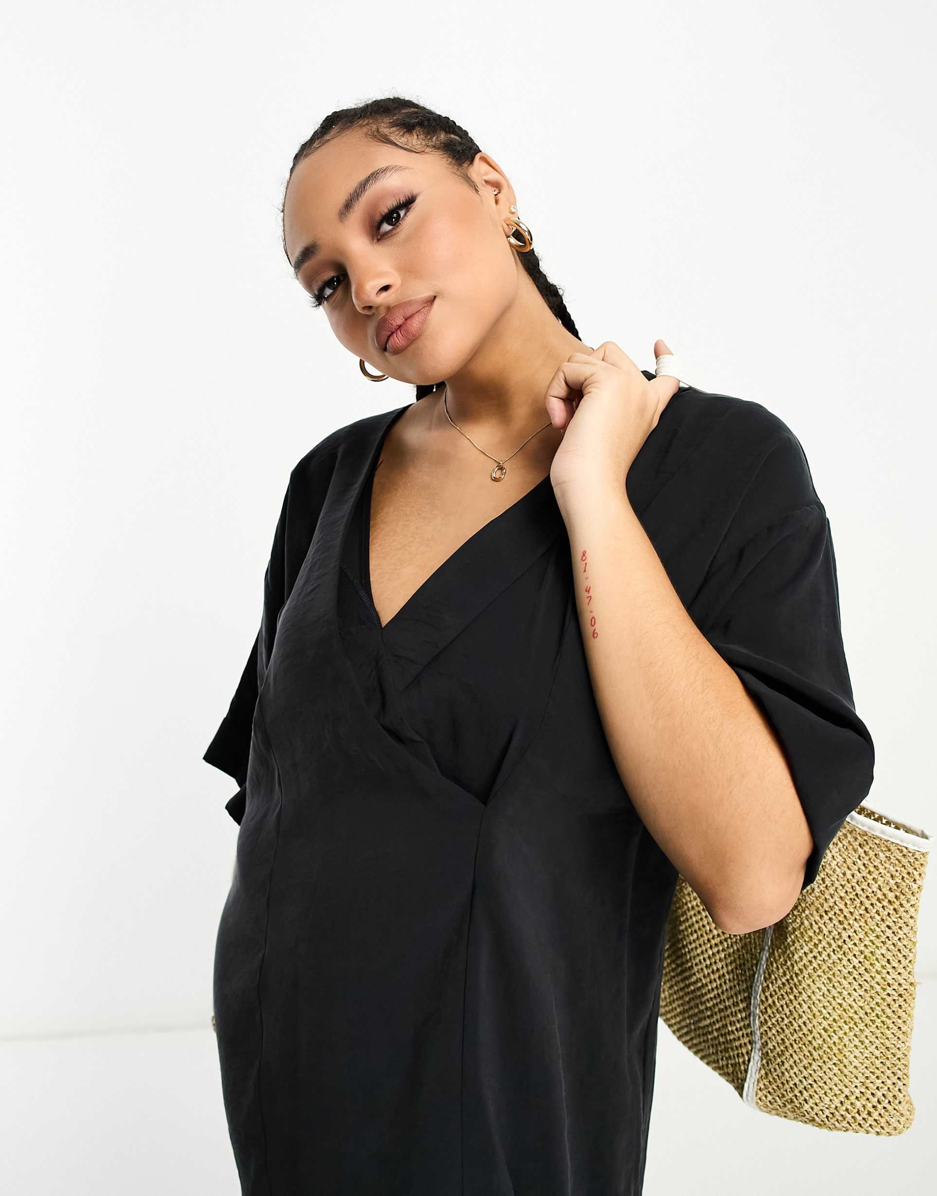 asos design curve oversized boxy mini dress with wrap collar detail in black