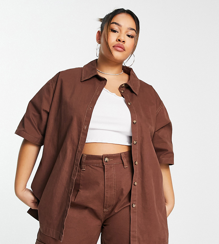 ASOS DESIGN Curve oversized boxy shirt in brown - part of a set