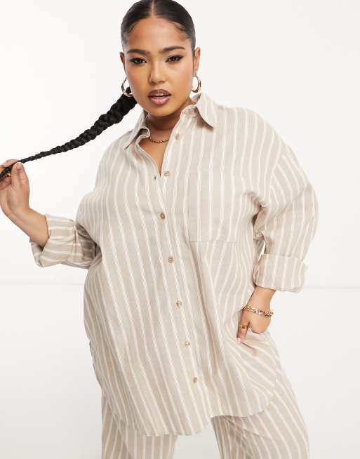 ASOS DESIGN Curve oversized boxy shirt with linen in mixed stripe - part of a set