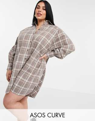 asos curve oversized beige boyfriend mini check shirt dress