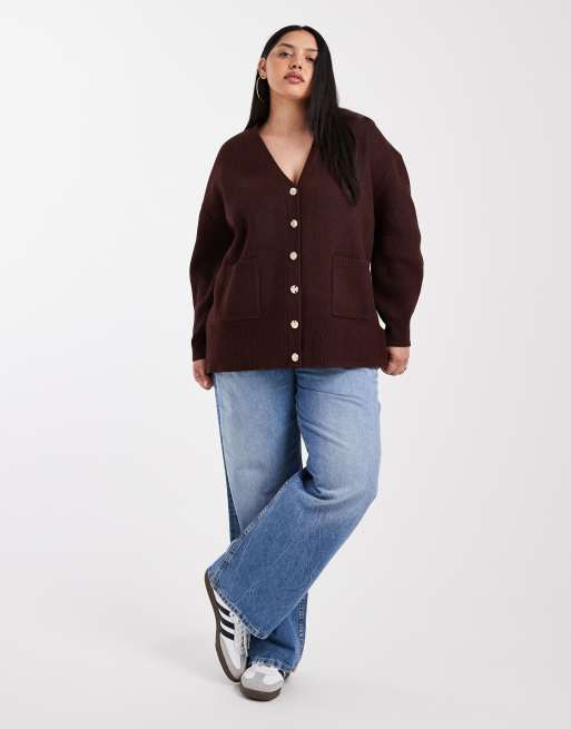 ASOS DESIGN Curve - Oversized boyfriend-vest van gestructureerd garen in pruim, 4 van 4
