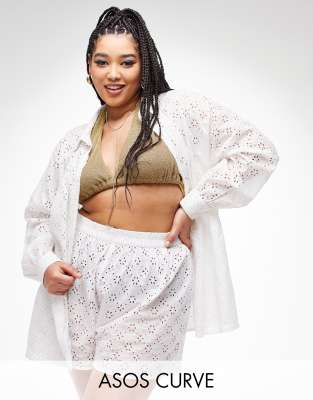 ASOS Curve ASOS DESIGN Curve oversized broiderie beach shirt top in white