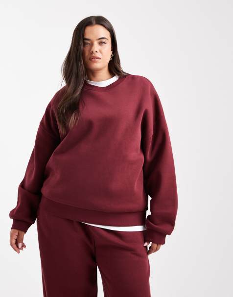 ASOS DESIGN Curve oversized brushback sweatshirt with raglan detail in burgundy - view 1