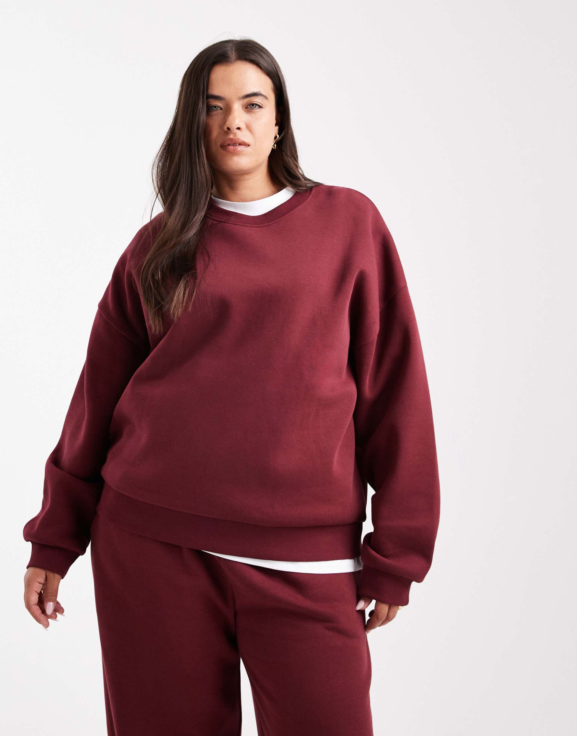 asos design curve oversized brushback sweatshirt with raglan detailing in burgundy