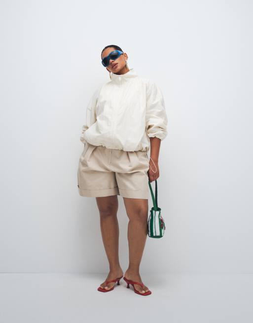 ASOS DESIGN Curve oversized bubble hem track jacket in off white, 3 of 8