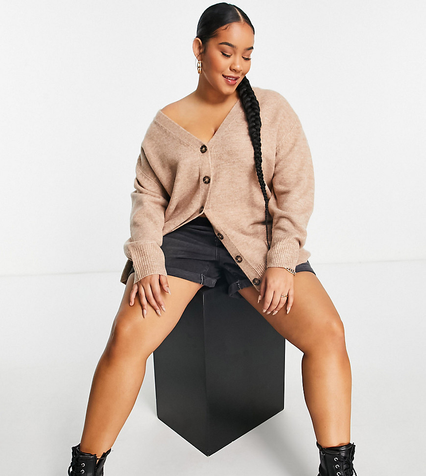 ASOS DESIGN Curve oversized cardigan with button through in camel-Neutral